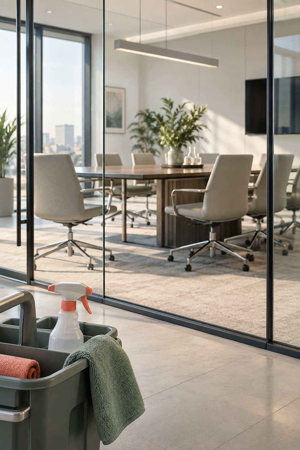 A commercial meeting room prepared for cleaning